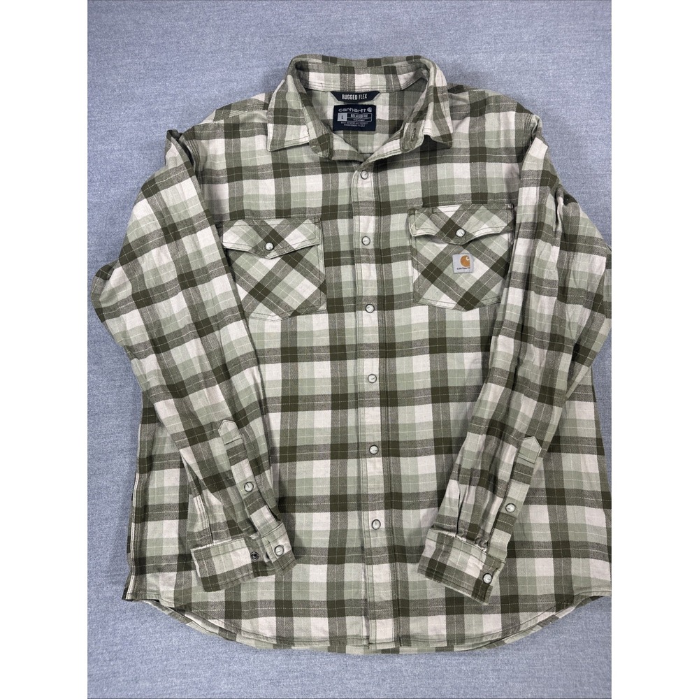Carhartt Shirt Mens Large Green Plaid Long Sleeve Flannel Snap Rugged Flex